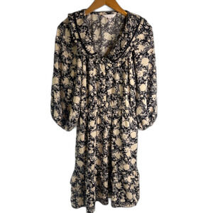LC Lauren Conrad Black Floral 3/4 Sleeve Fit & Flare Ruffled Skirt Dress Sz MD